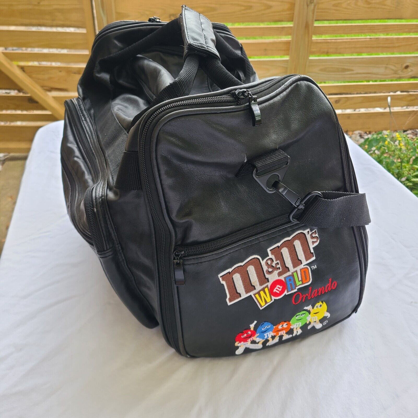 M&M\'s Candy World Orlando Black Leather Duffle Bag Travel Carry On Luggage