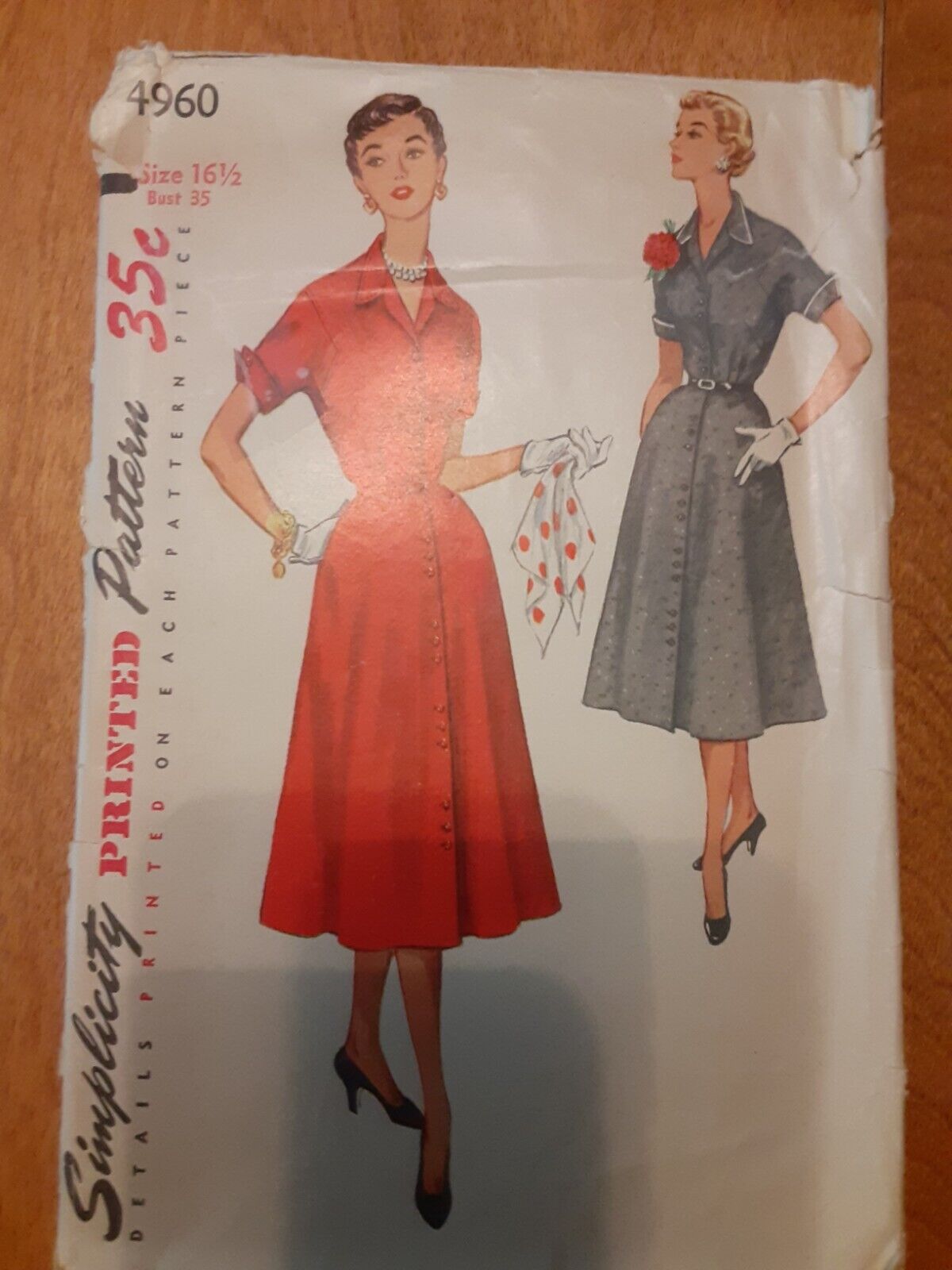 1954 Simplicity#4960 Miss HalfSize 16 1/2 Bust 35DressButton Front Flared Skirt 