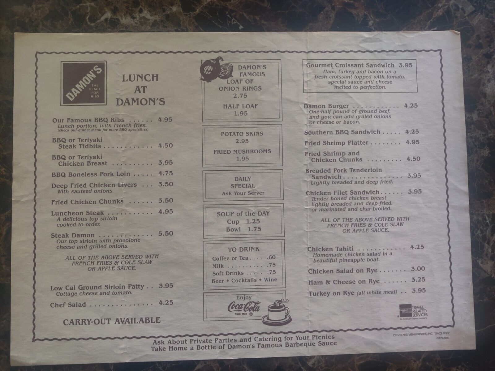 Damon's Ribs Placemat Menu Restaurant Advertising Paper 1986 Cleveland Ohio