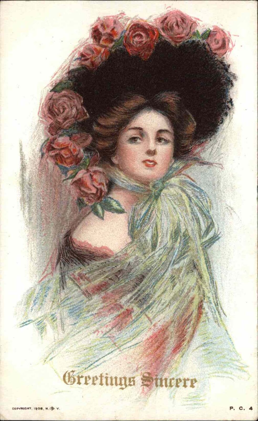 1908 Art Nouveau Postcard Beautiful Woman Flower Hat Greetings