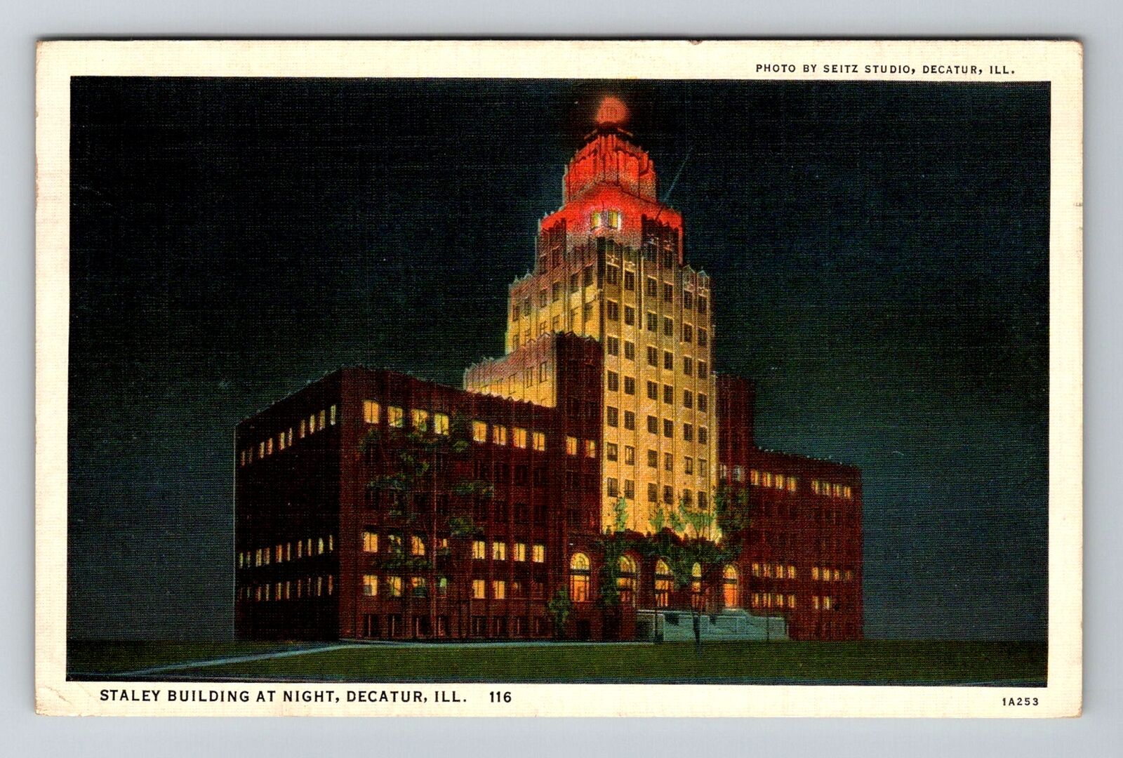 Decatur, IL-Illinois, Staley Building At Night Antique c1937, Vintage Postcard
