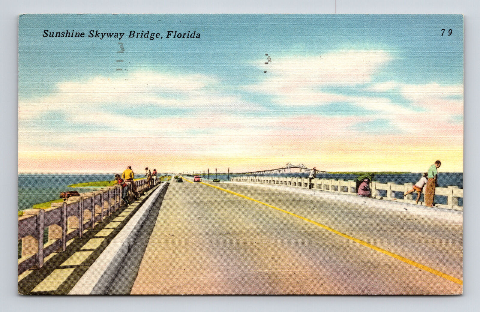 c1962 Linen Postcard St Petersburg FL Florida Sunshine Skyway Bridge Fisherman
