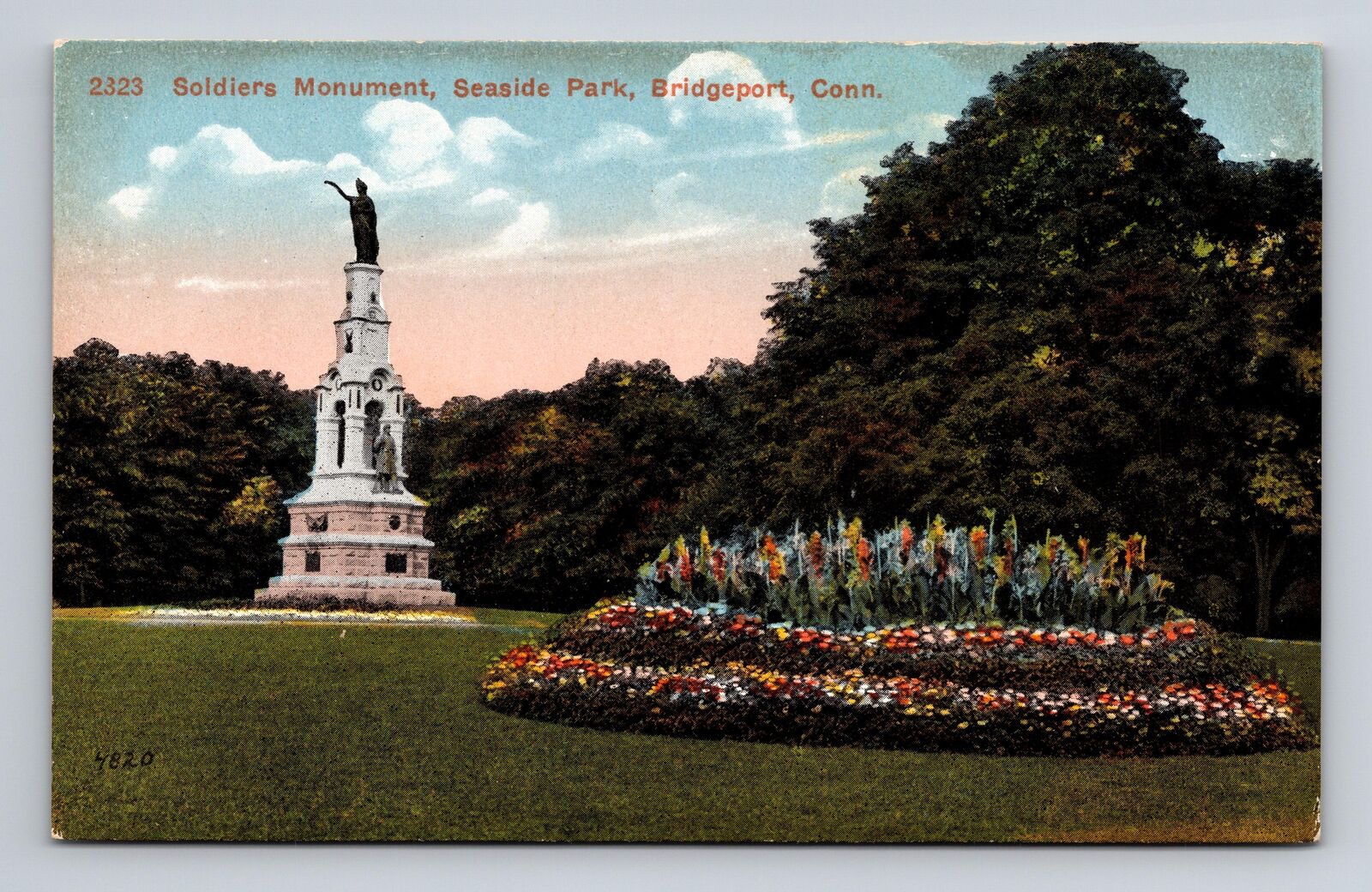 Postcard Bridgeport CT Connecticut Seaside Park Soldiers Monmument Flowers