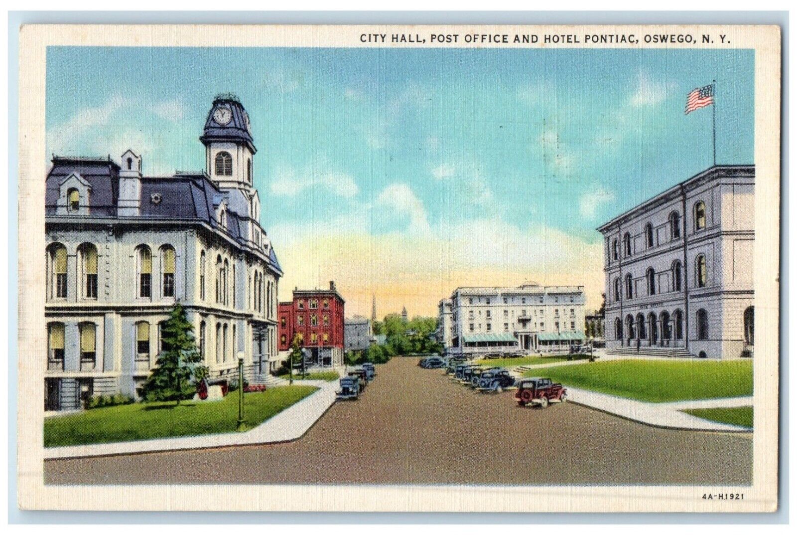 1936 City Hall Post Office And Hotel Cars Pontiac Oswego New York NY Postcard