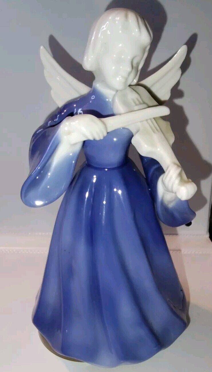 VTG Angel Violin Music Box Silent Night Rotating Porcelain? Christmas Blue Japan
