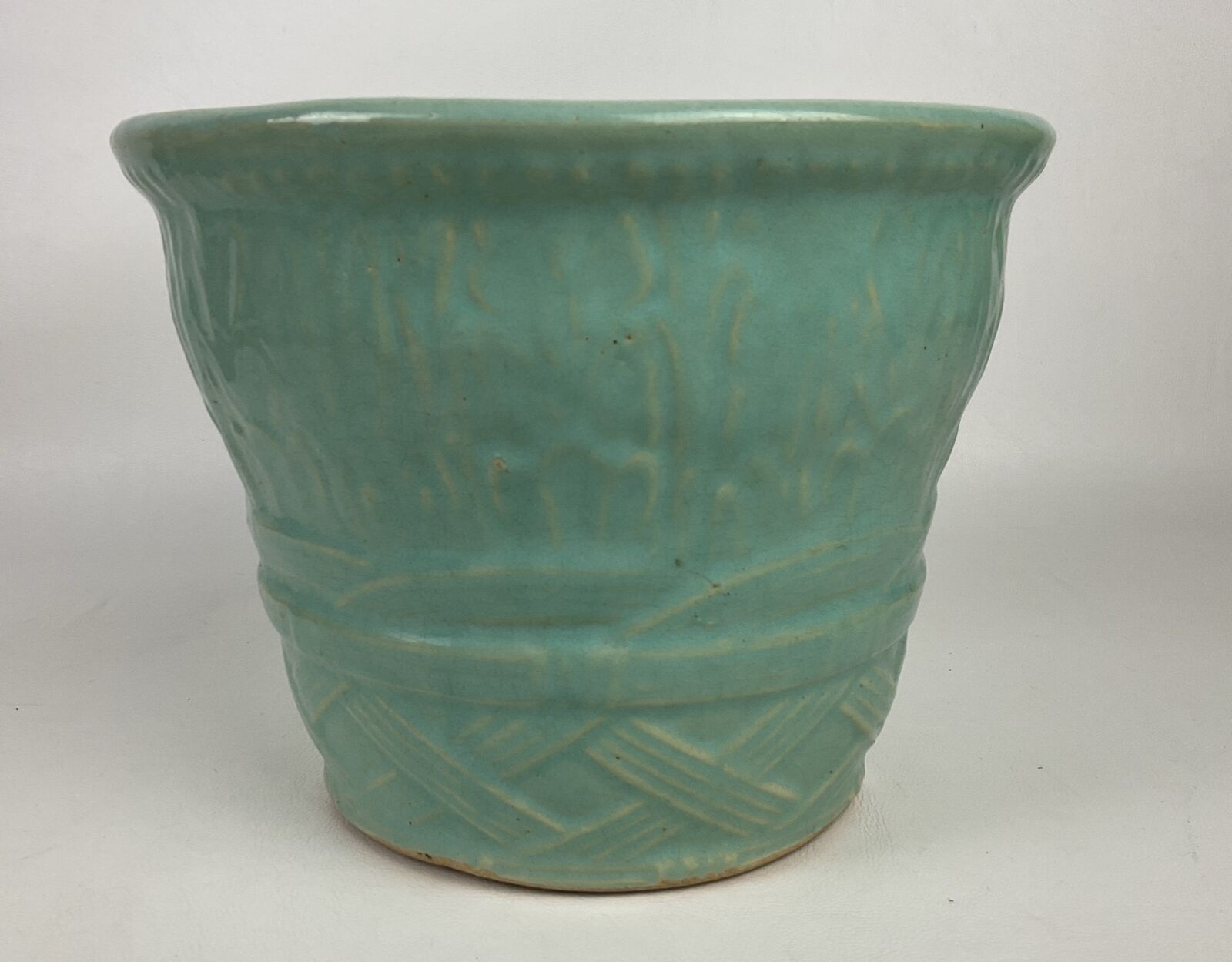 Vintage Mid Century Turquoise Aqua Green Basket Weave Ceramic Pottery Planter
