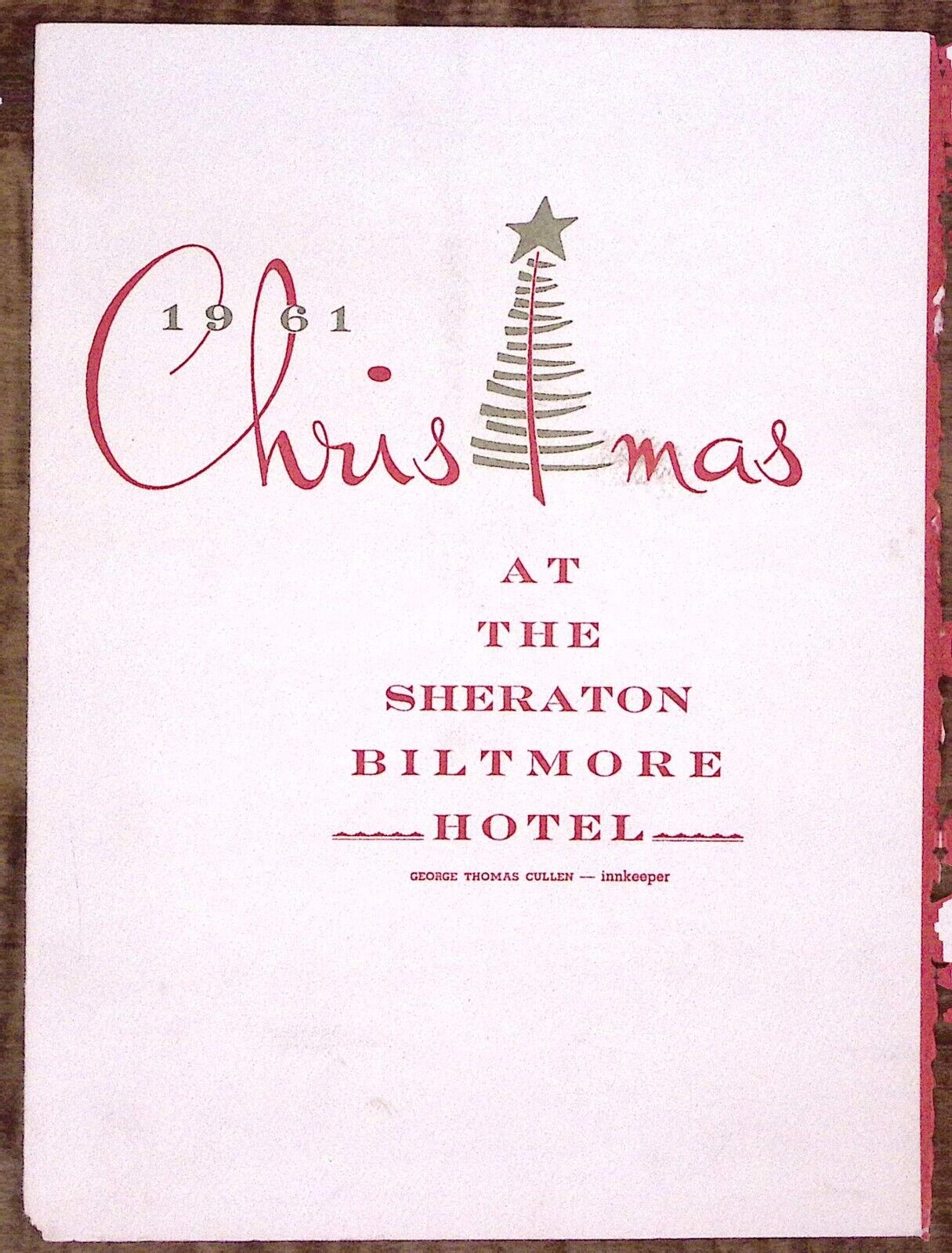 1961 CHRISTMAS SHERATON BILTMORE HOTEL PROVIDENCE RI SPECIAL MENU  Z2900