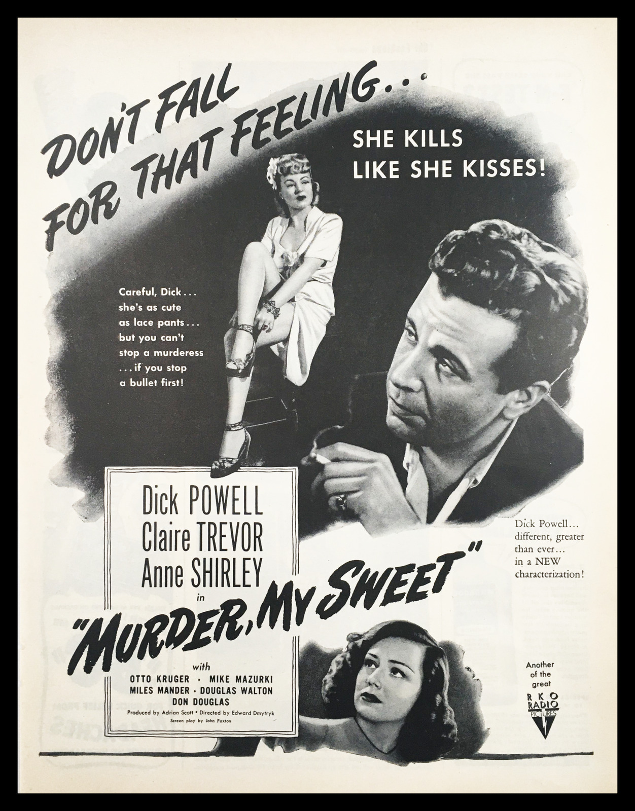 1945 Dick Powell & Claire Trevor, Murder in My Sweet Vintage Print Ad