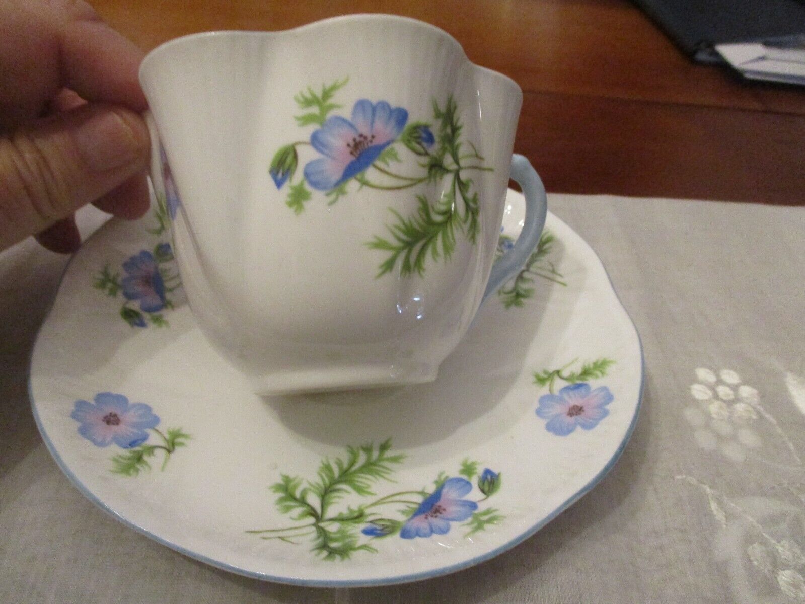 Vintage Shelley bone china Blue Poppy tea cup & saucer , England Blue trim