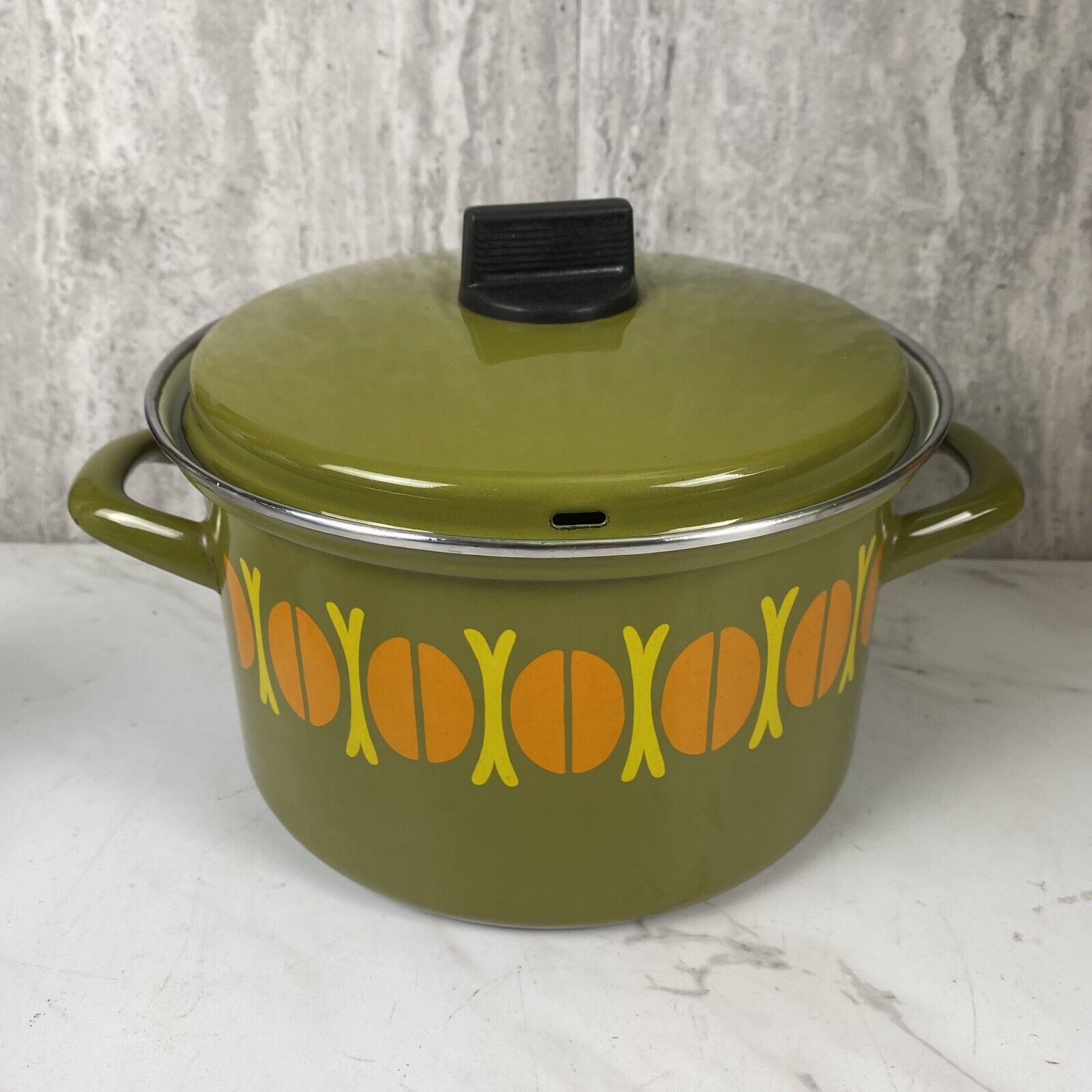 Vintage Austrian Cookware Enamel Coated Avocado Green 9” X 5” Stock Pot W Lid