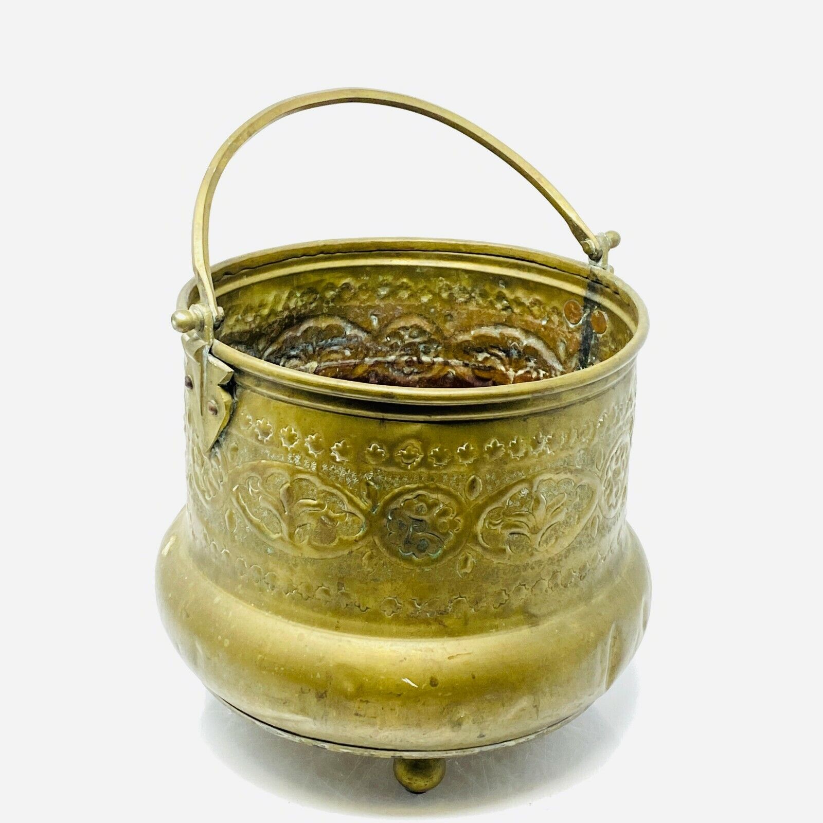 Vintage Handheld Incense Burner Metal Urn Bowl Pot w/Floral Patterns 8 inches
