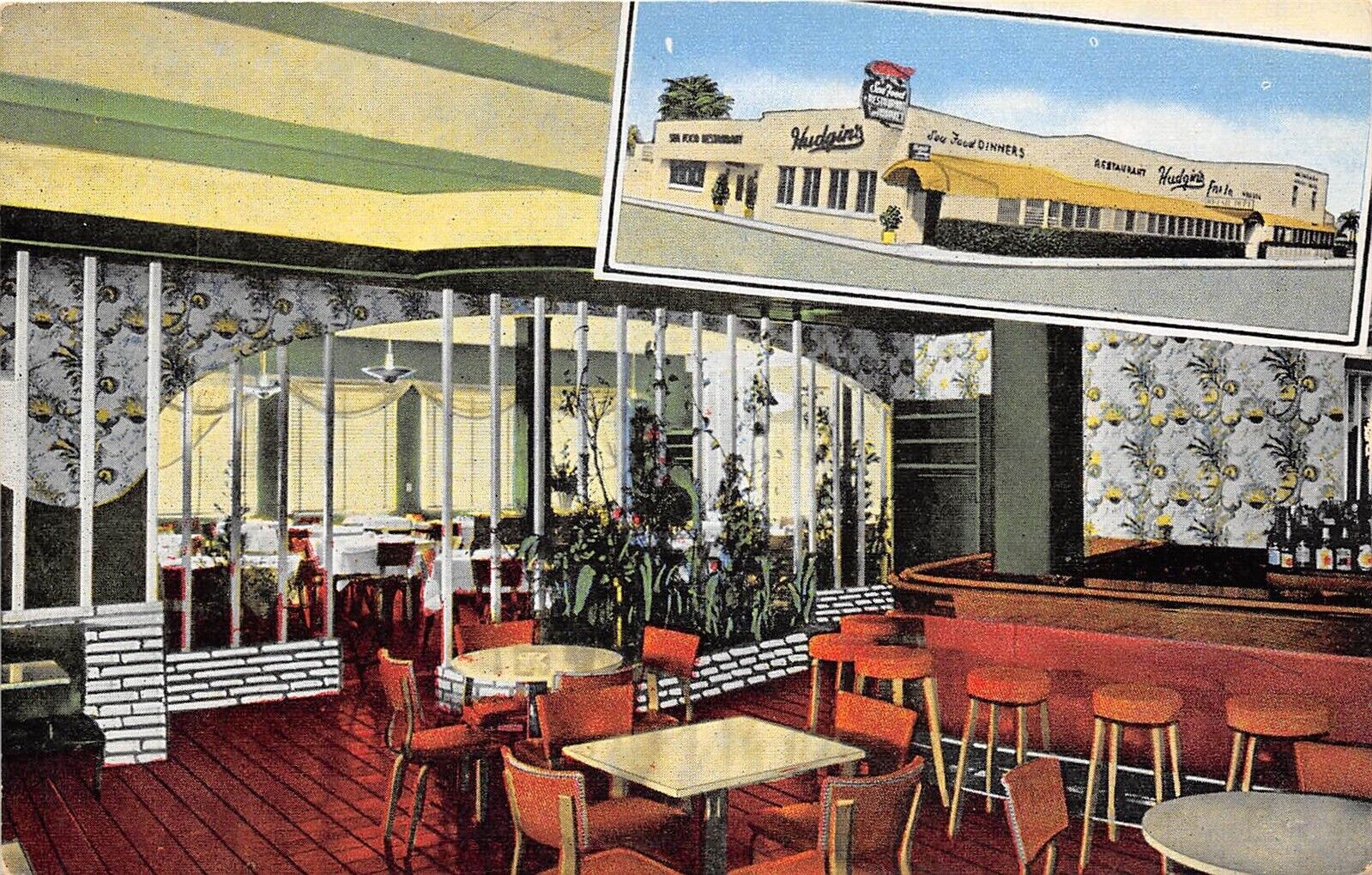 West Palm Beach Florida 1940s Postcard Hudgins Sea Food Restaurant Interior