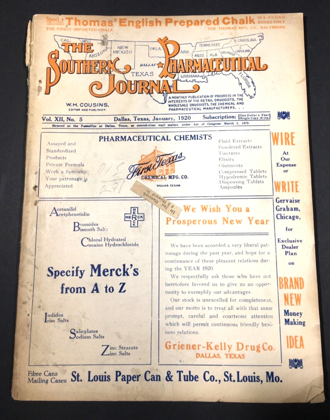 January 1920 The Southern Pharmaceutical Journal Trade Magazine, Good Shape