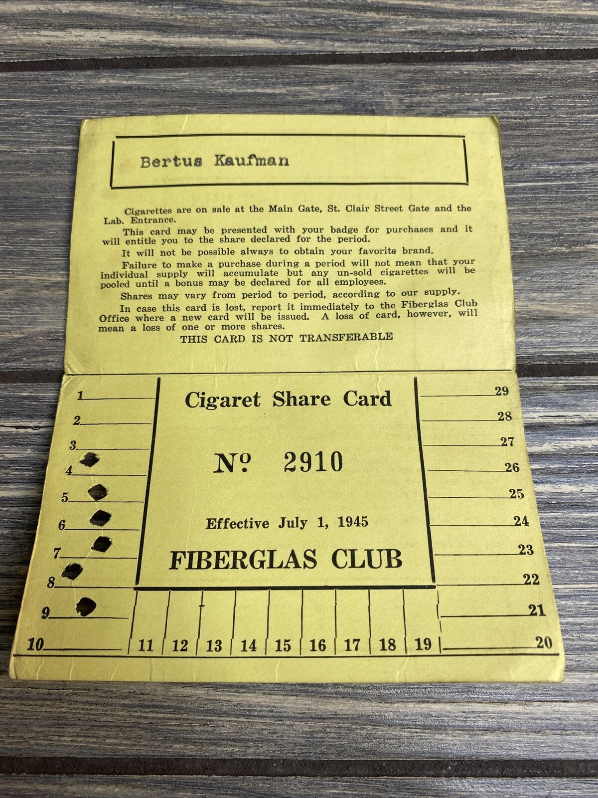 Vintage￼ Cigaret Share Card Fiberglas Club 1945