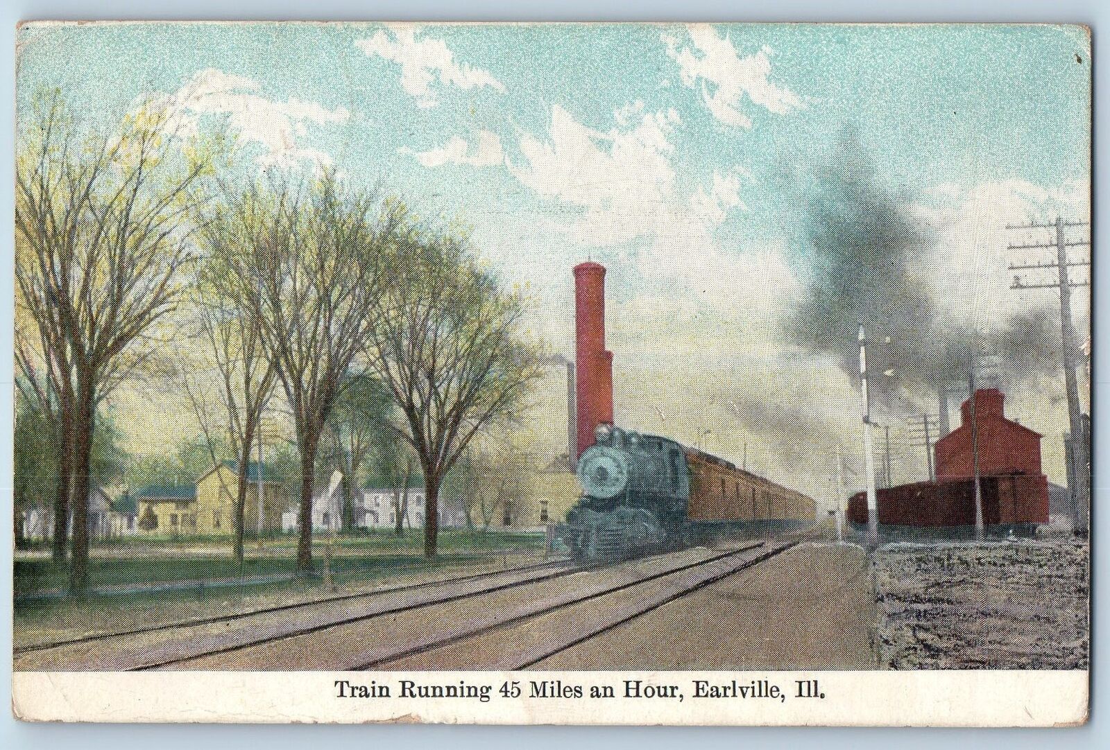 Earlville Illinois IL Postcard Train Running 45 Miles An Hour Scene 1909 Antique