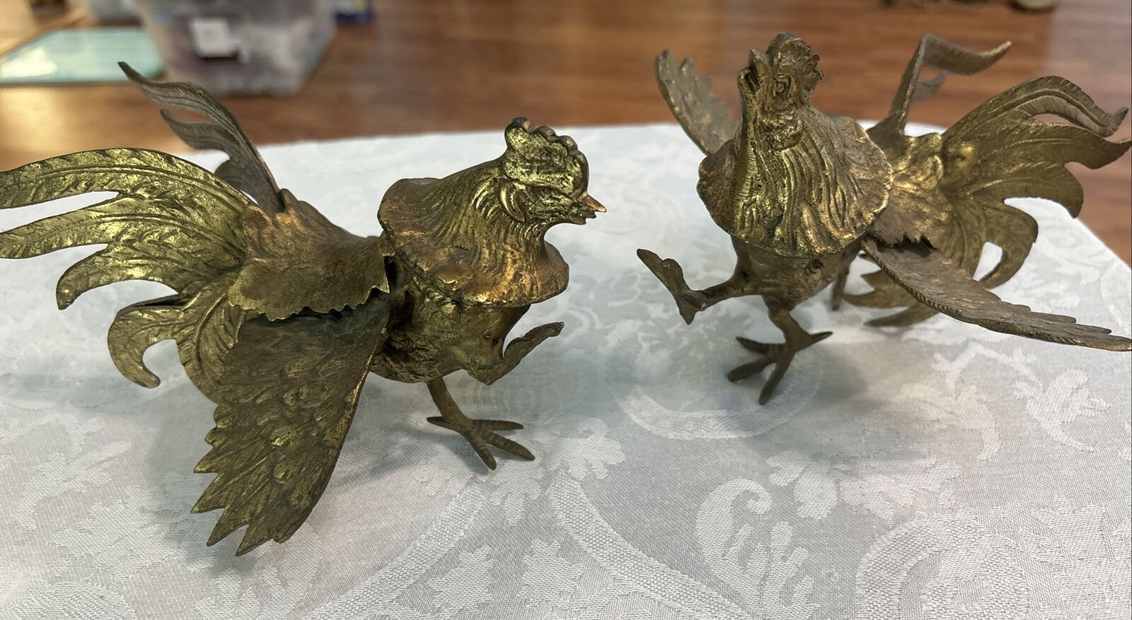 Vintage Brass Fighting Roosters  Mid 20th Century  Pair Made In Japan