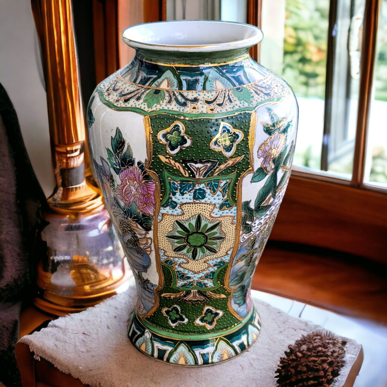 Asian Large Vase Bird Peacock Floral Hand Painted Green Moriage 10.5\