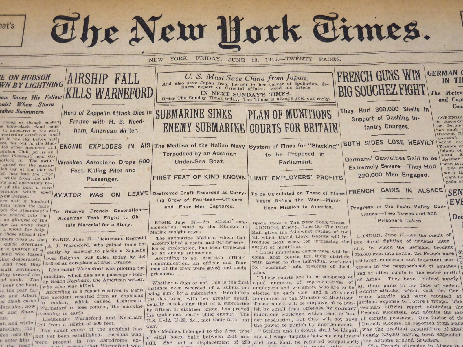 1915 JUNE 18 NEW YORK TIMES NEWSPAPER - AIRSHIP FALL KILLS WARNEFORD - NT 7714