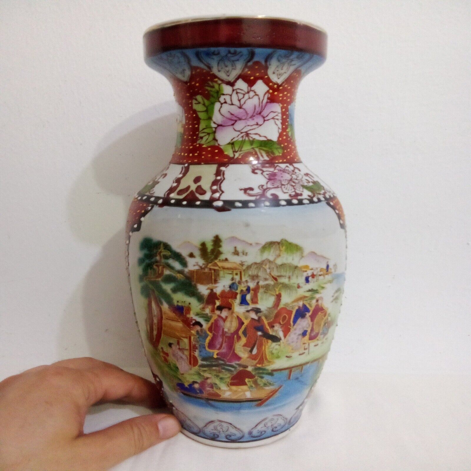 Vintage Chinese Porcelain Vase Hand Painted Women Roses Flowers Boats 12\