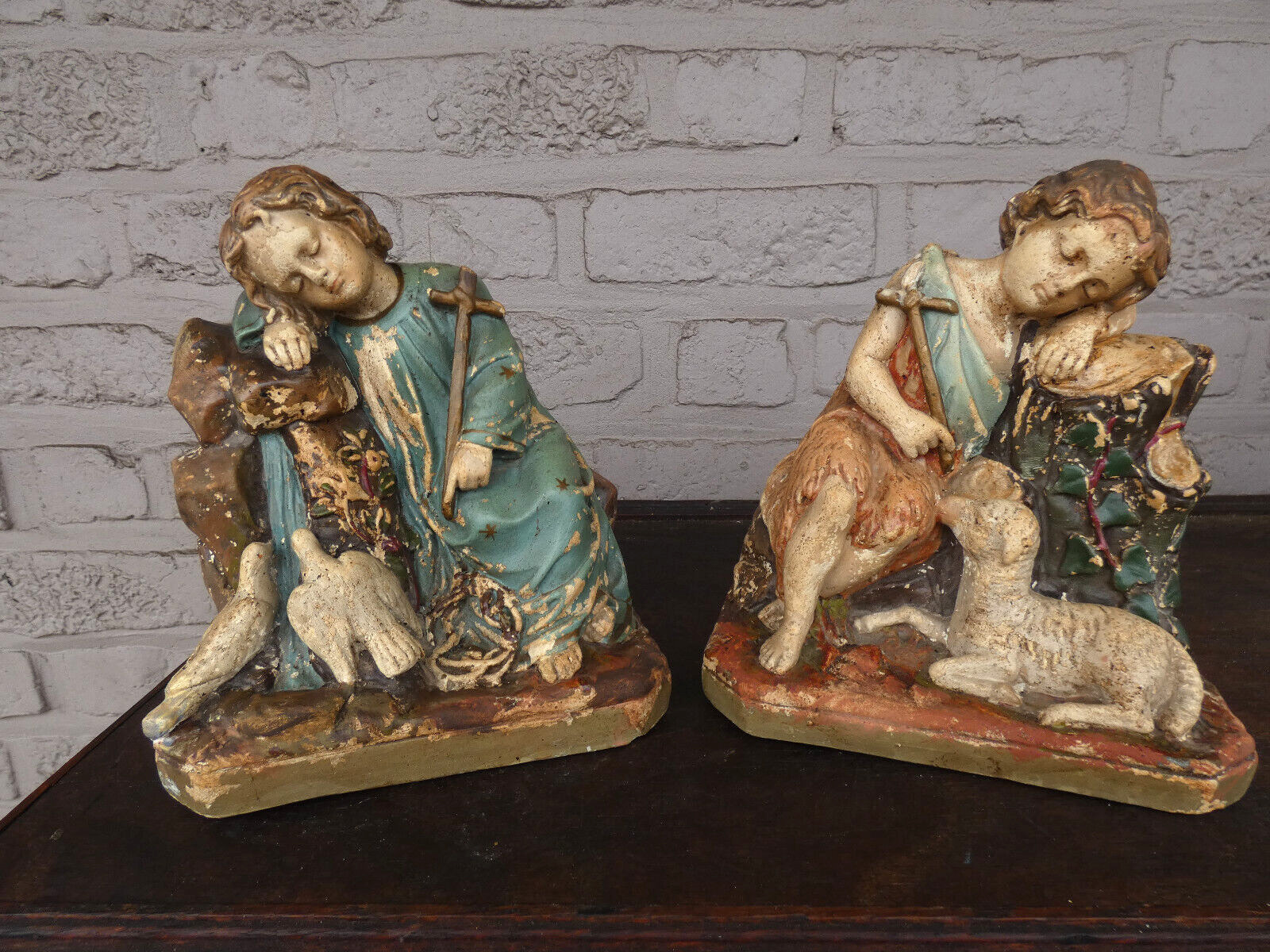 Antique chalk pair young jesus john baptist statue figurines religious set