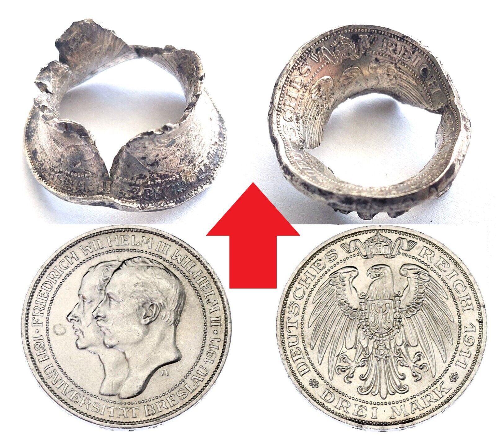 Silver Coin Mark Shot Bullet Battle Damaged Eagle WW1 WWI Wilhelm Prussia German