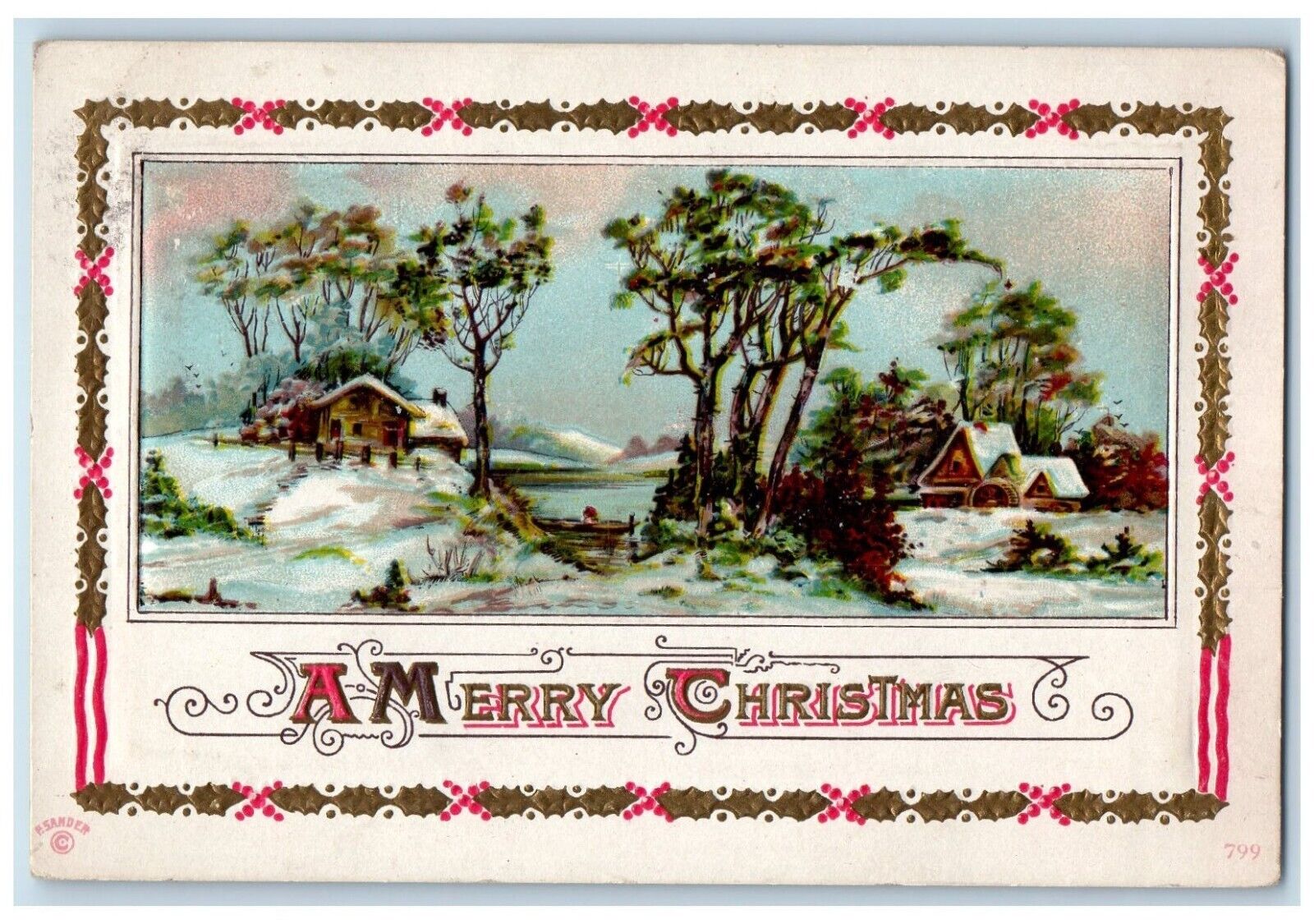 1915 Christmas Beautiful View House And Trees Snow Winter Embossed Postcard
