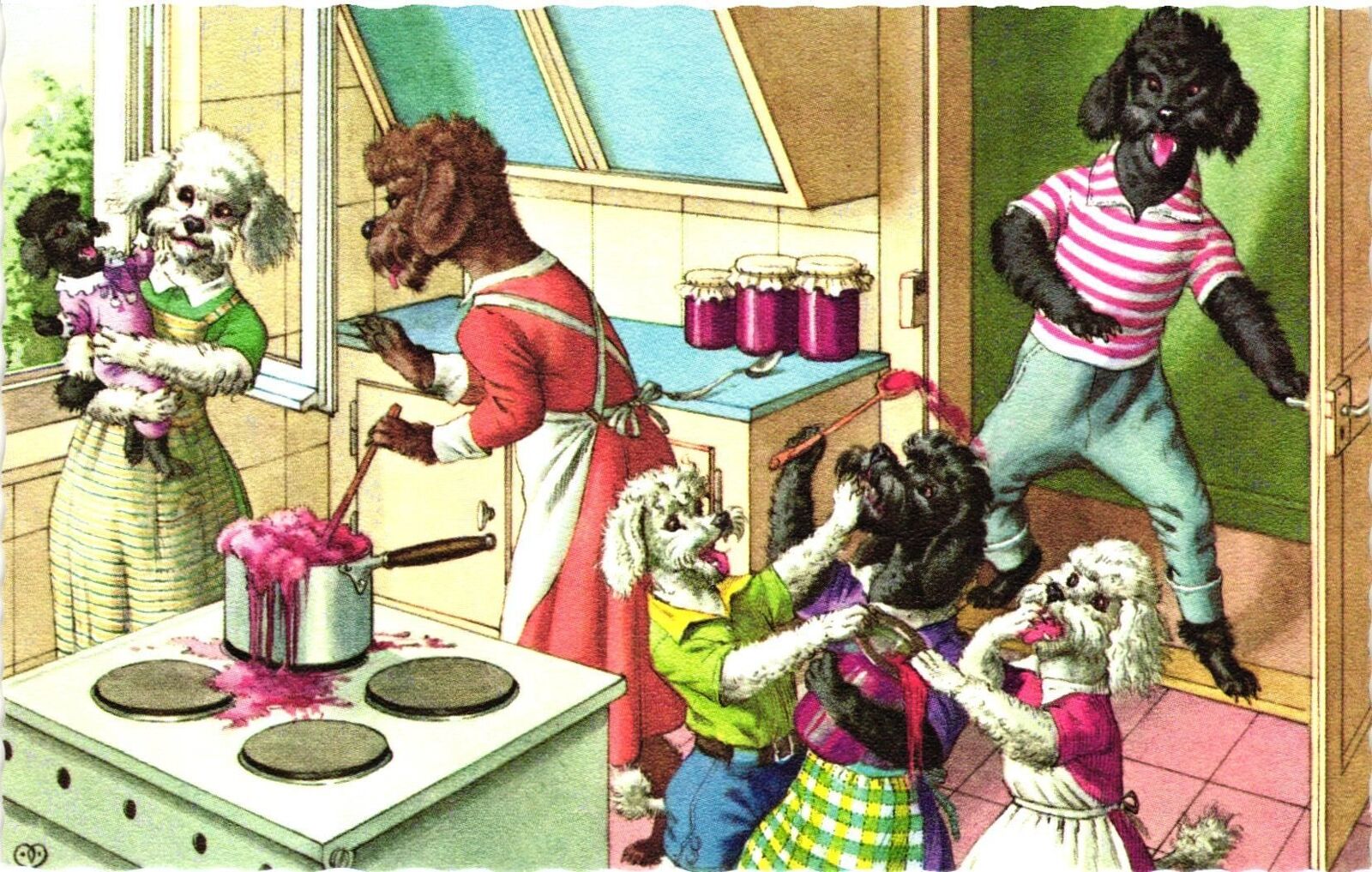 Vintage Postcard- People-like poodles in the kitchen 1960s