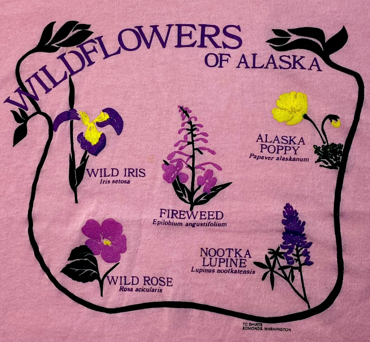 Vintage 80’s Single Stitch T Shirt Alaska Pink Wildflowers Of Alaska Graphic