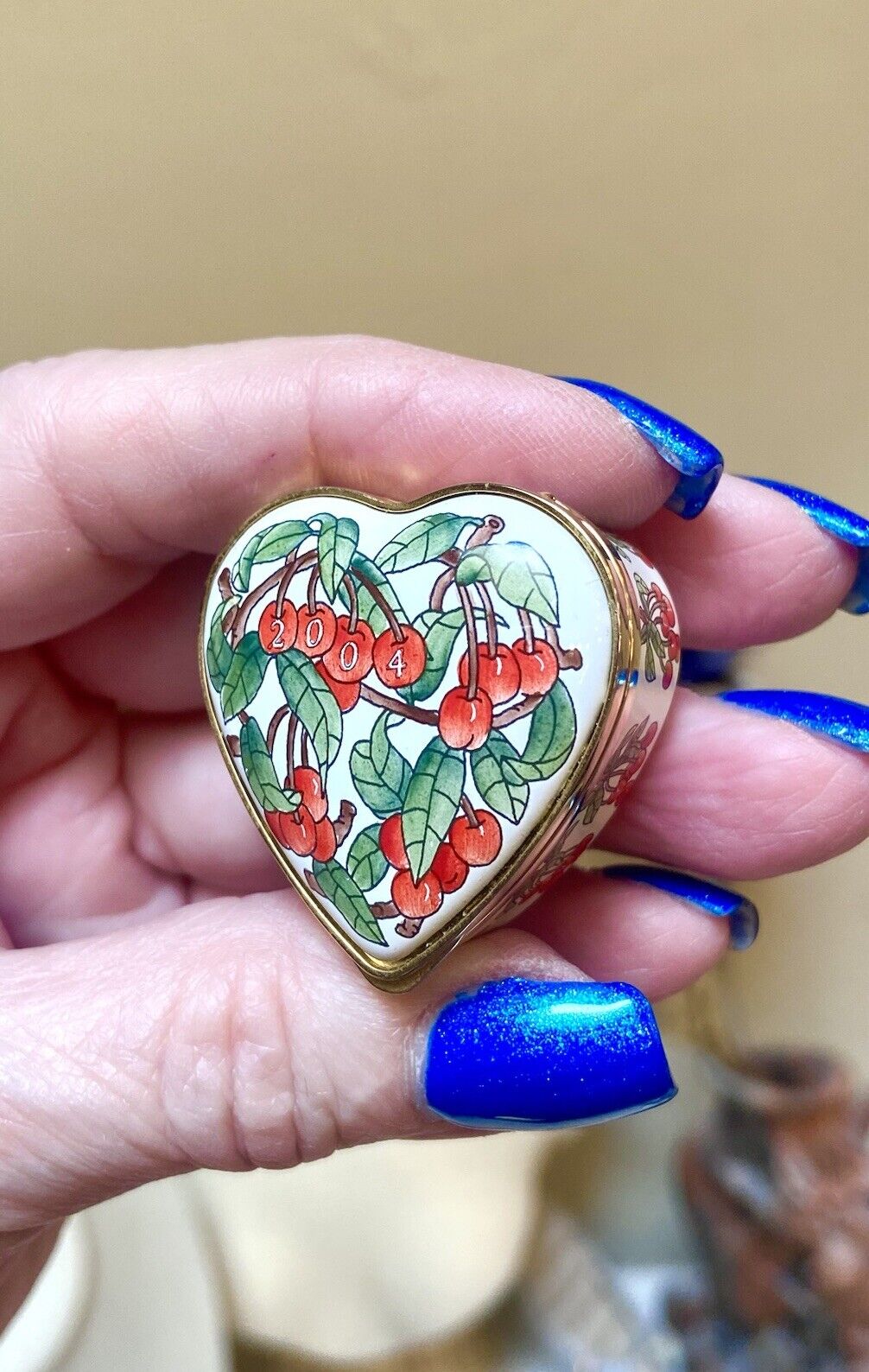 Halcyon Days Red Cherries Valentine’s Day Heart Shaped Enamel Trinket Box