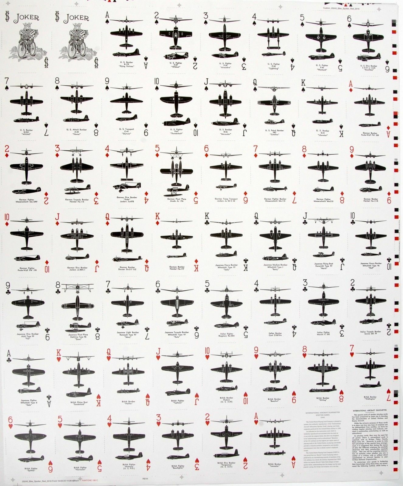 WWII RED Aircraft Spotter Cards Reissue Uncut Sheet US Playing Card  MIS-0103-SR