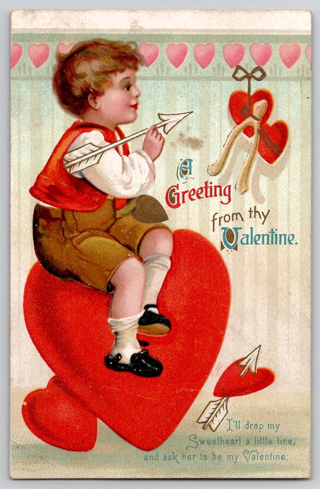 Valentine's Day Postcard Unsigned Clapssadle ? Little Boy on Heart 1073 c 1910's