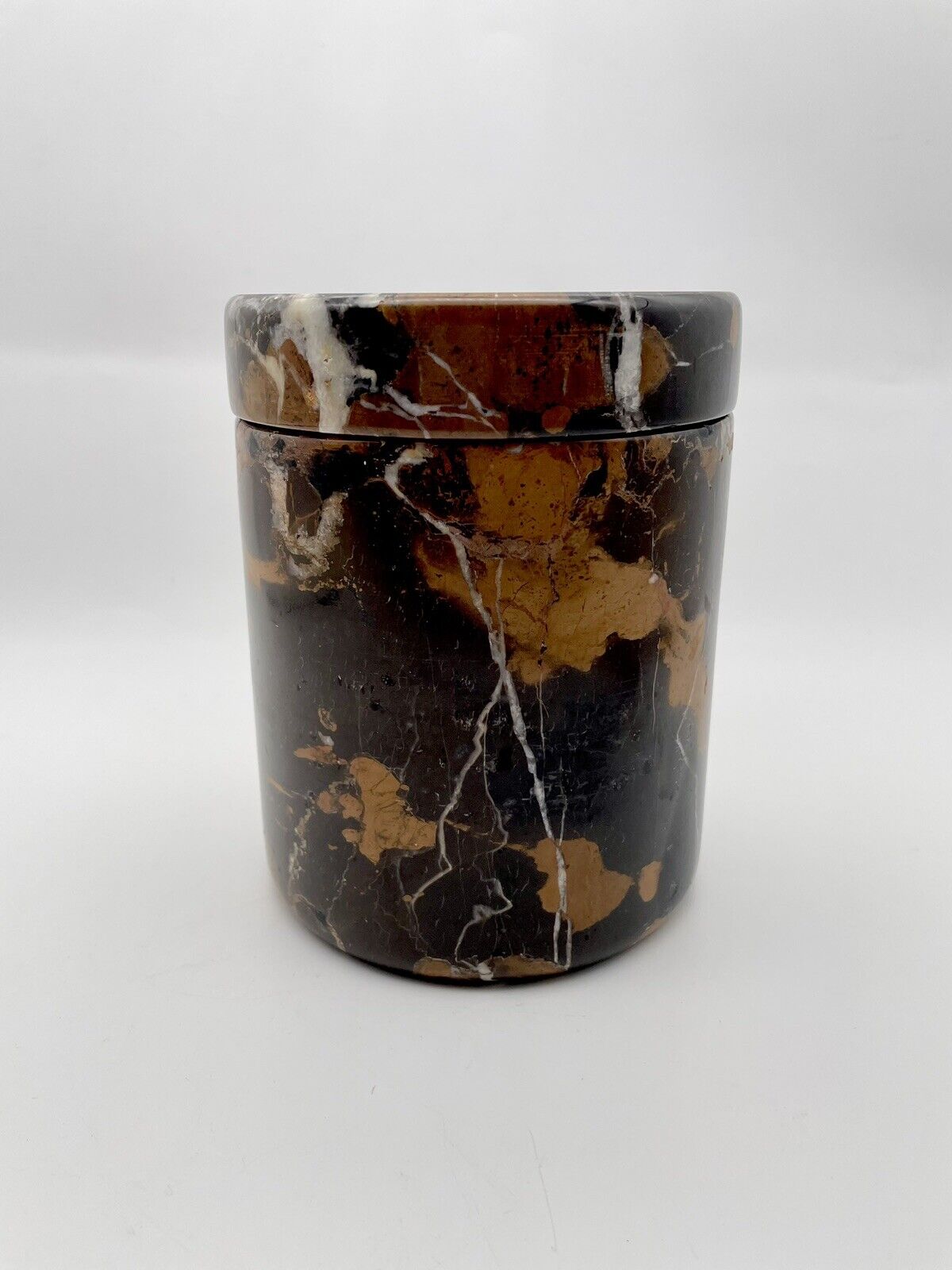 Vintage Marble Cylinder Canister Lidded Stone Jar , Brown Marble, Stash Jar 6”