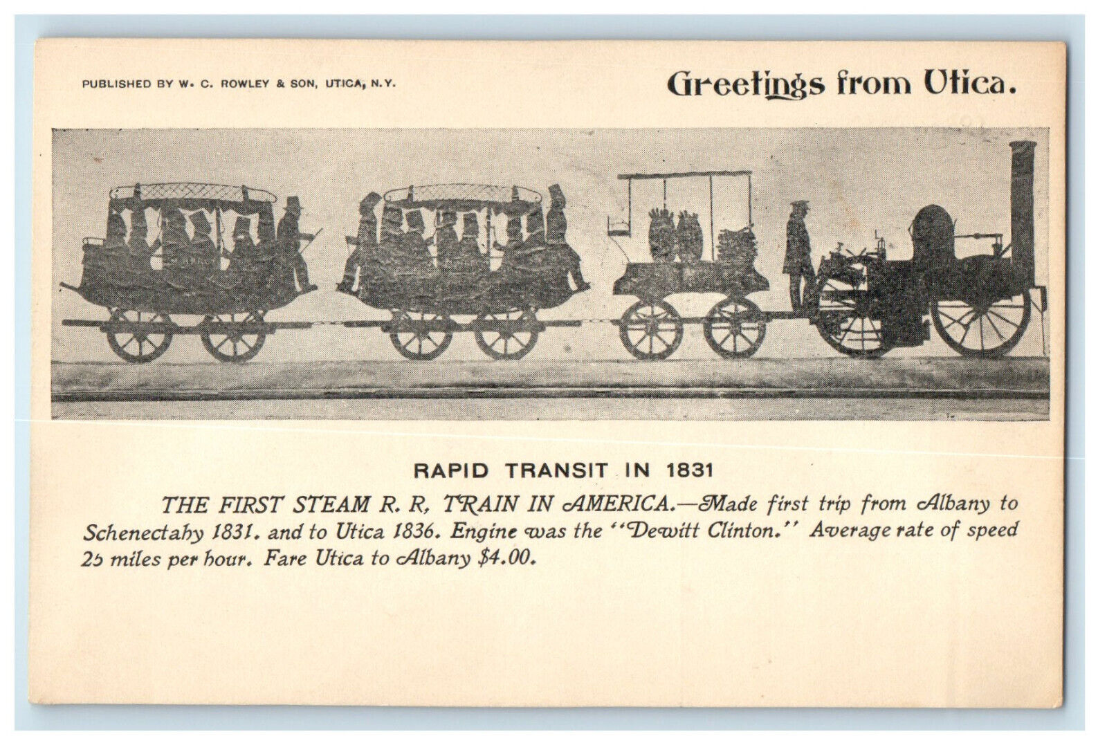 c1920s First Steam RR Train Rapid Transit, Greetings from Utica NY Postcard
