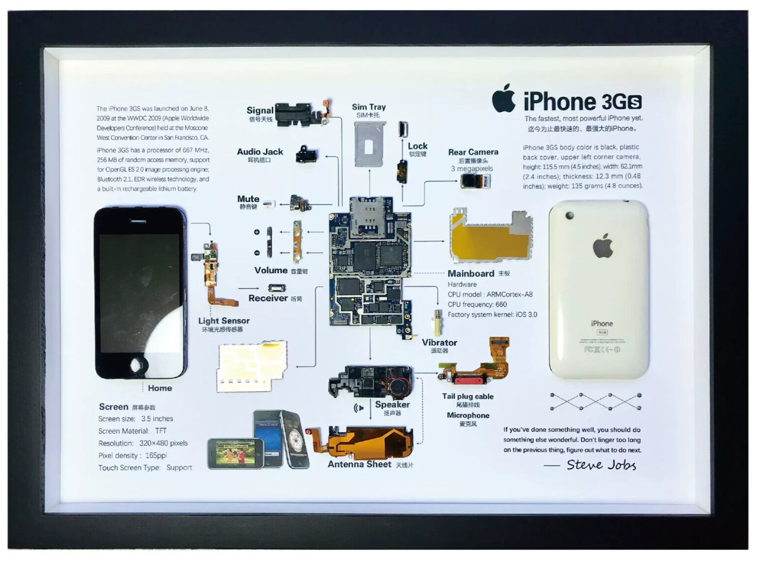 A3 Framed iPhone 3GS Disassembled Phone Wall Art Unique Gifts for Apple Lovers