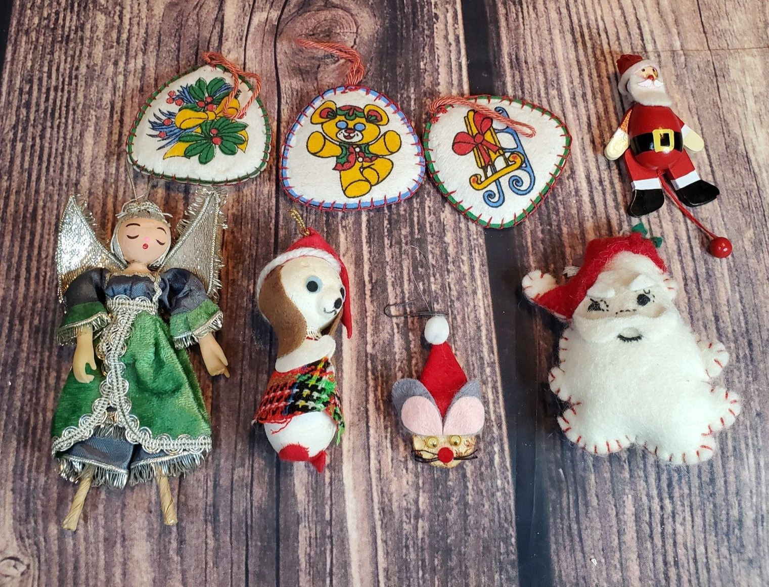 Vintage 1970s Angel Santa Felt Dog Walnut Mouse Ornament Lot Mechanical Lot of 8
