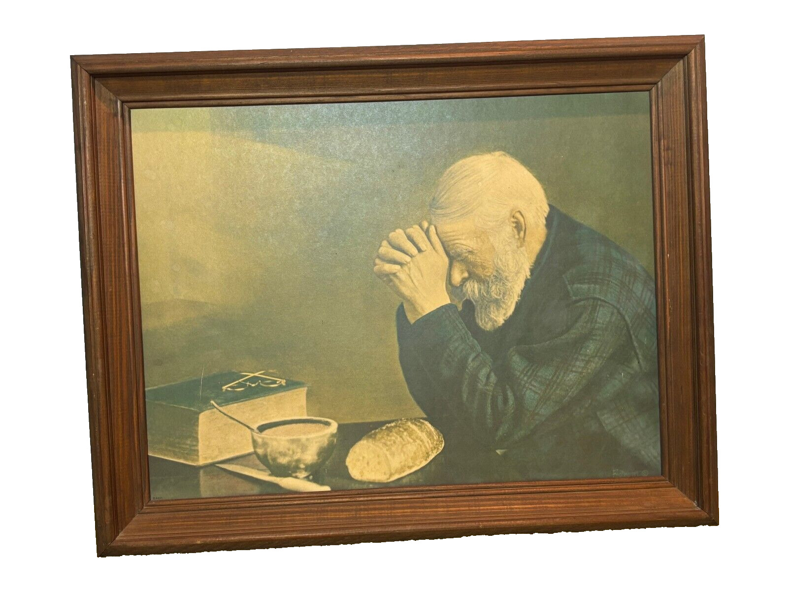Vintage Grace ERIC ENSTROM Man Praying Over Bread Lithograph Framed Art 16x20