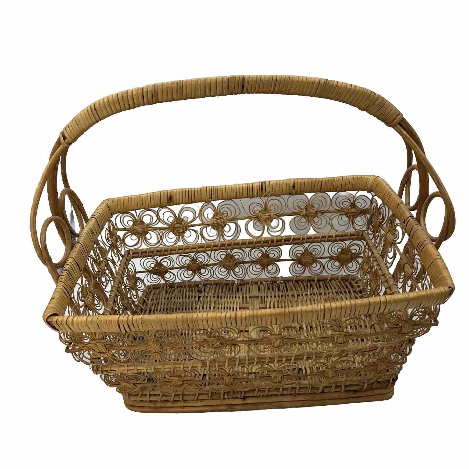 Large Vintage Rattan Scroll Woven Basket with Handle 14\