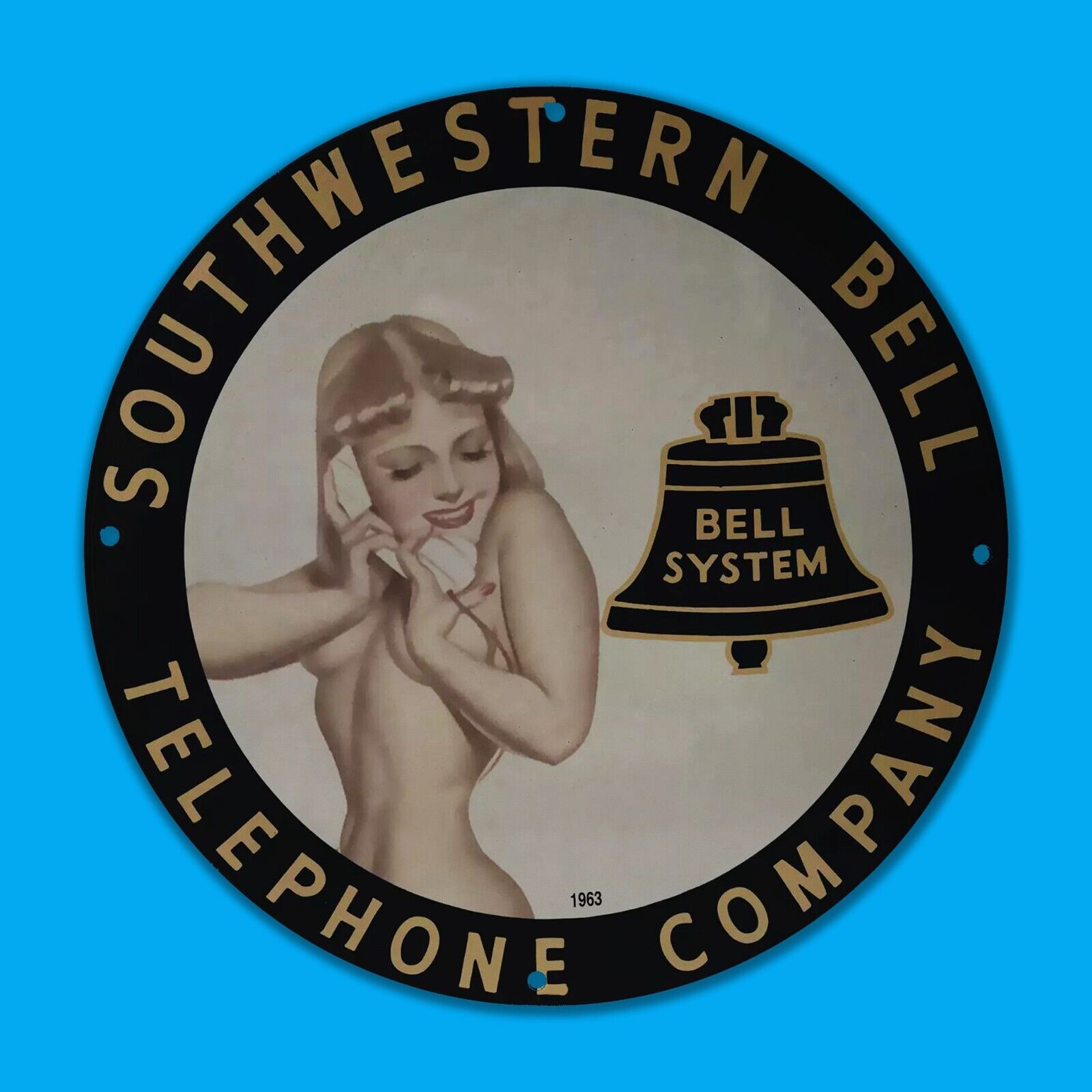 VINTAGE 1963 BELL SYSTEM GIRL GAS STATION SERVICE MAN CAVE OIL PORCELAIN SIGN