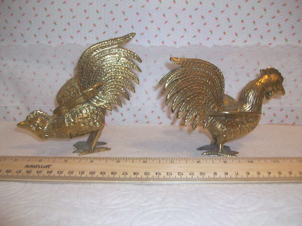 Vintage Pair of Solid Brass Fighting Roosters Figurines Heavy