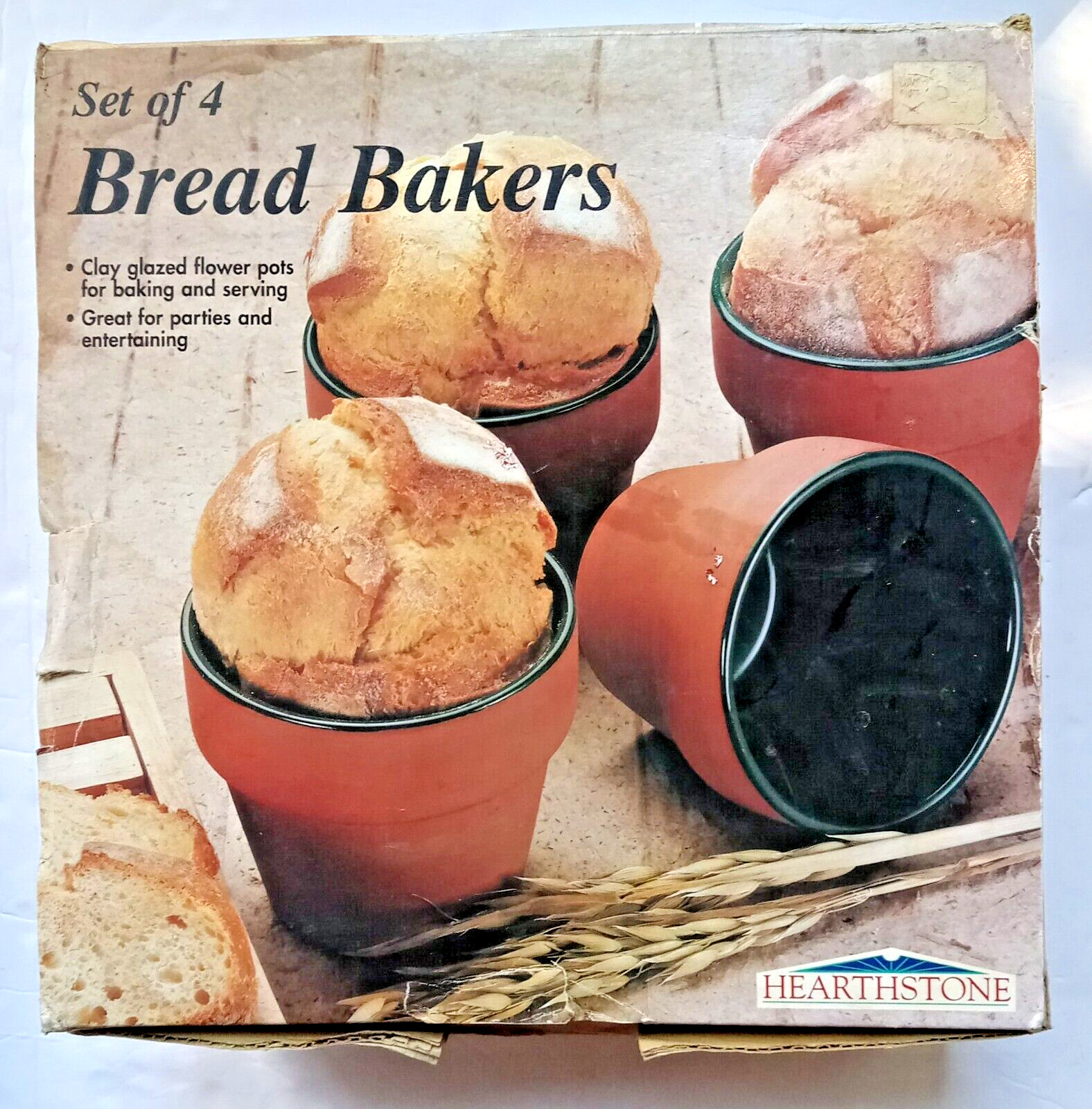 Vintage 1996 Hearthstone Bread Bakers 4 Clay Glazed Flower Pot Baking Pans NEW