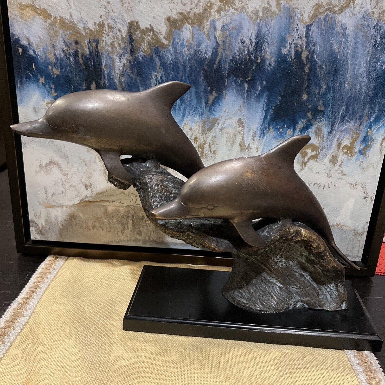 Vintage Solid Brass Pair of Dolphins on Wave Large Statue China/see Details