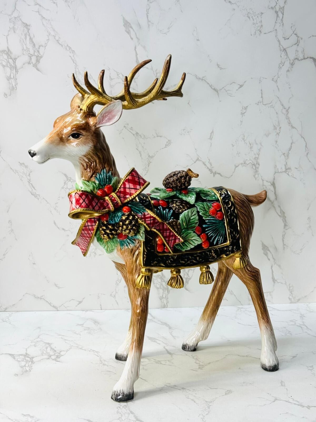FITZ AND FLOYD Holiday Pine Standing Deer Figurine Candleholder Retired