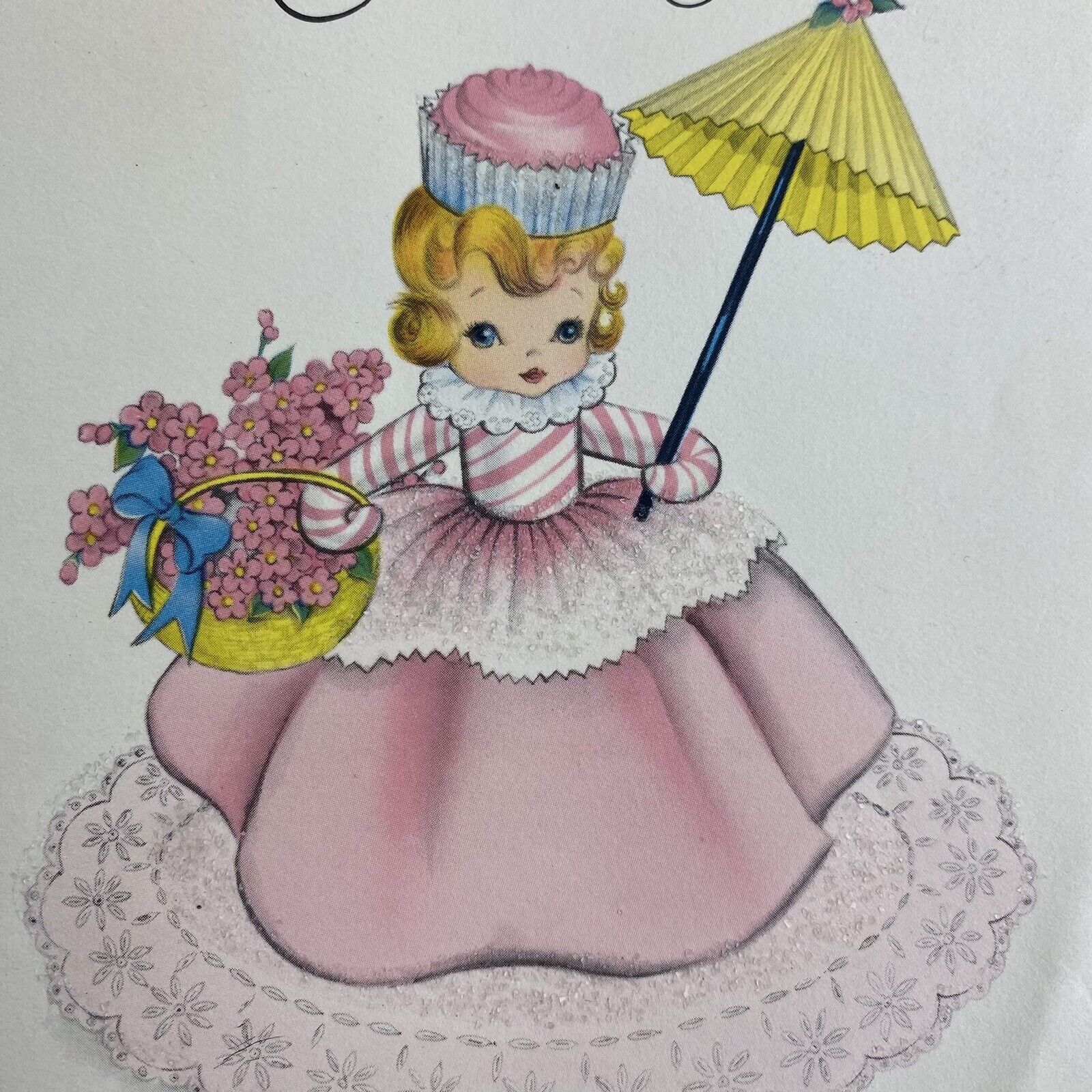 Vintage Birthday Greeting Card Cupcake Girl Pink Parasol Candy Stripe Glitter