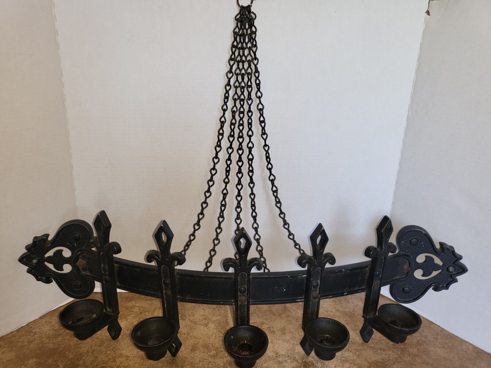 Vintage Gothic Medieval Large Black Metal Wall Sconce With Chains Candle Holder 