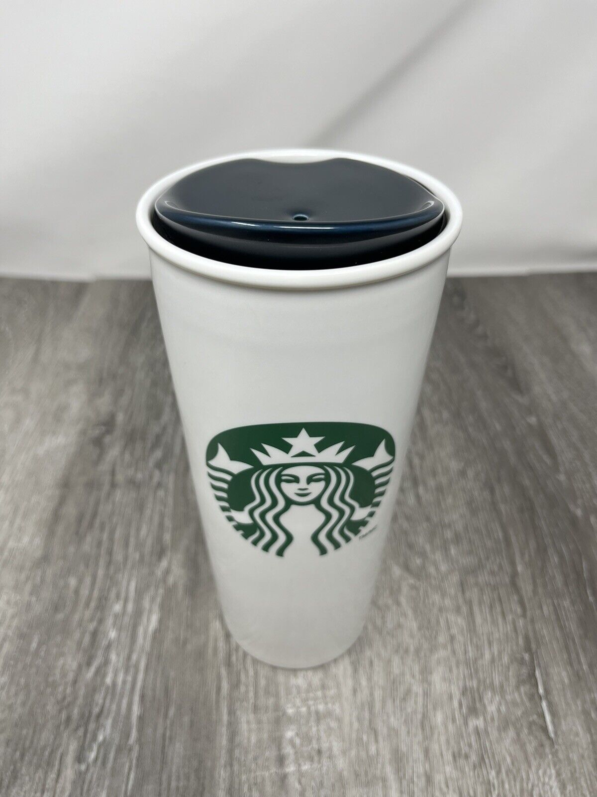 Starbucks 2014 Ceramic Travel Mug Tumbler Mermaid Logo 16 oz & Ceramic Blue Lid
