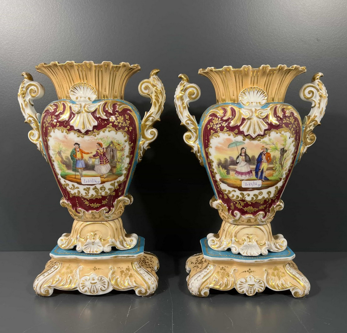 PAIR antique French vieux paris porcelain Style jacob petit hand paint vases
