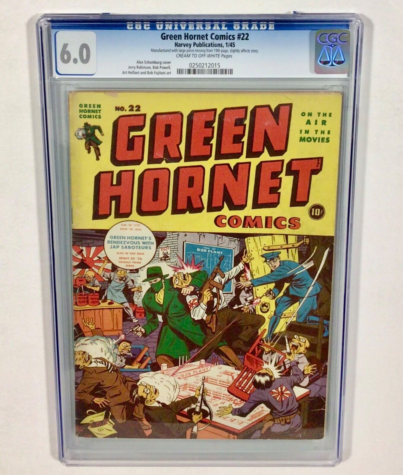 Green Hornet Comics #22 CGC 6.0 KEY (Alex Schaumburg WW2 cover) 1945 Harvey Pub.
