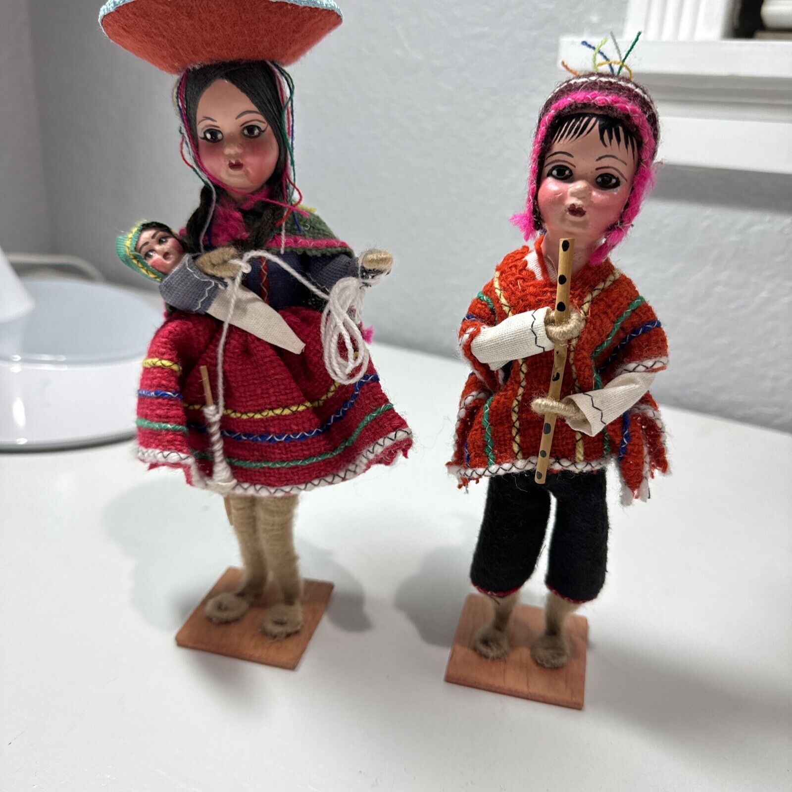 Peruvian Thread Dolls Folk Art Handmade Colorful Traditional Dress Girl Boy Vtg