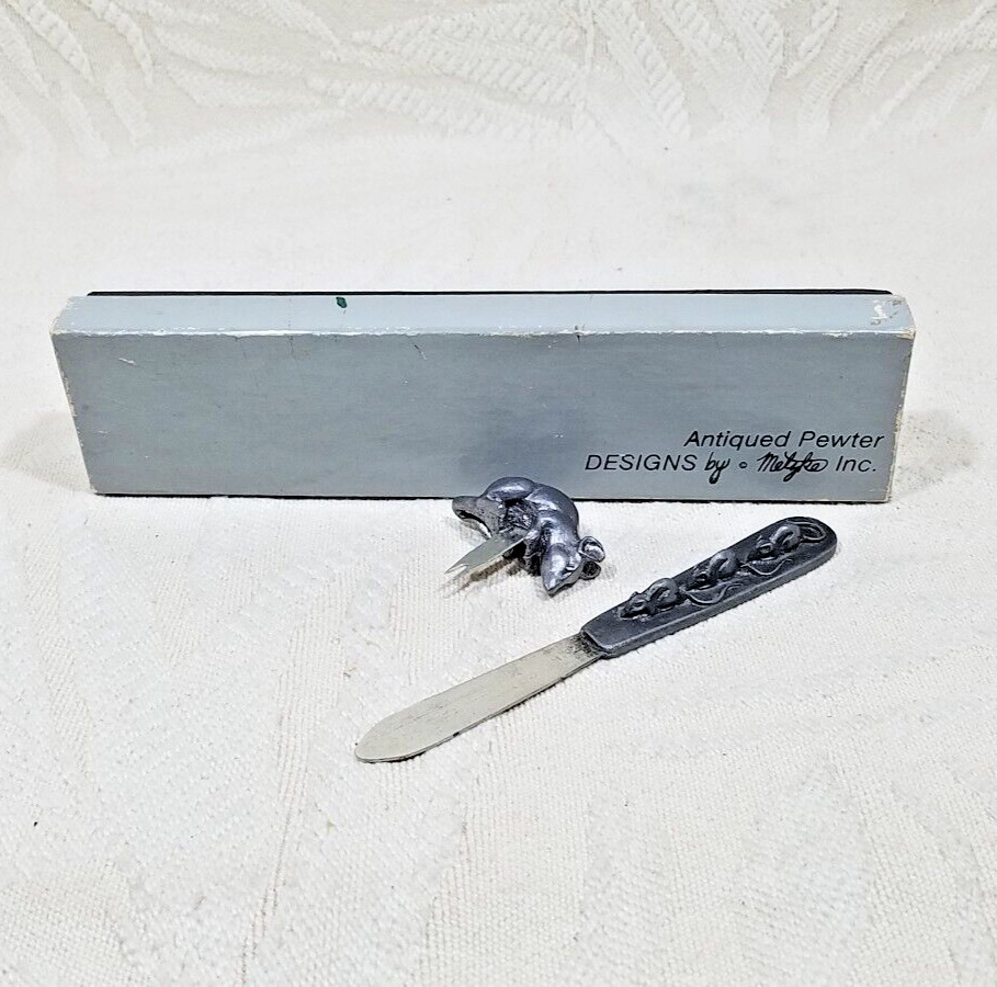 VINTAGE METZKE 1977 PEWTER 3 BLIND MICE MOUSE RAT CHEESE PICK & CHEESE KNIFE SET