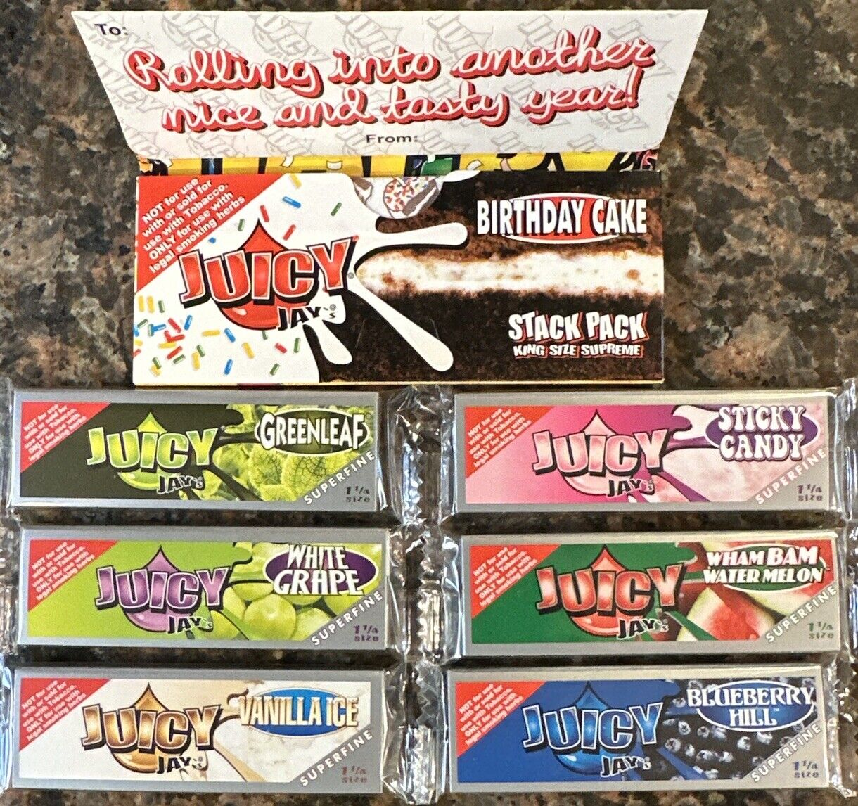 Juicy Jay’s 1 1/4 Rolling Papers Variety 6 PK Super Fine-1 PK King Birthday Cake